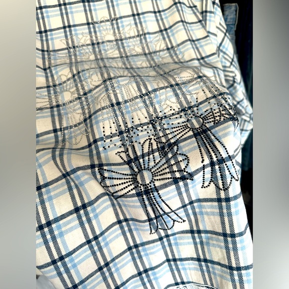Chrome Hearts Flannel Plaid Shirt Unisex Size Medium Oversized Light Blue Navy - Picture 11 of 16